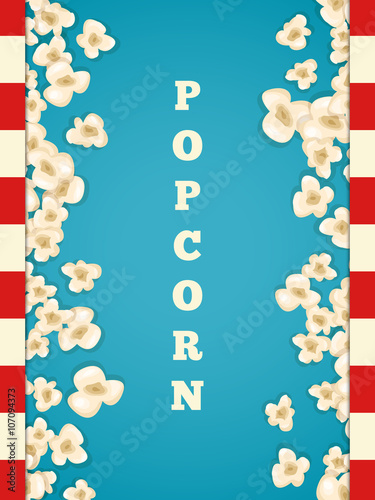 Heap popcorn for movie lies on blue background.