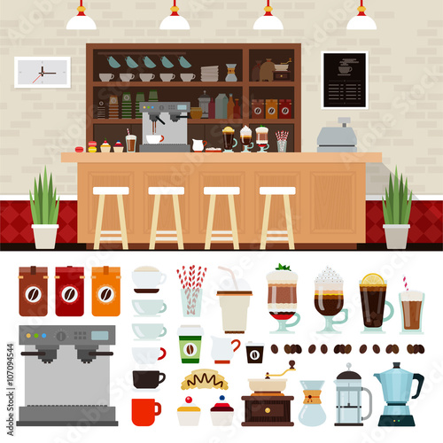 Coffee illustration set with shop interior background