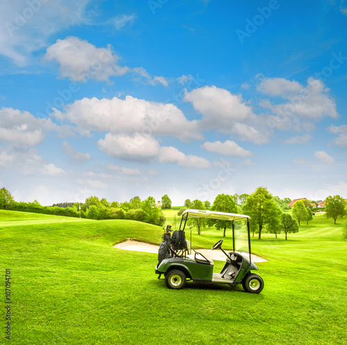 Green golf course field with fresh grass blue sky
