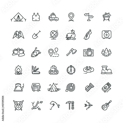 Camping and outdoor vector line icons set