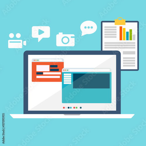 Flat design modern vector illustration icons set of website SEO optimization, programming process and web analytics elements. Isolated on stylish colored background
