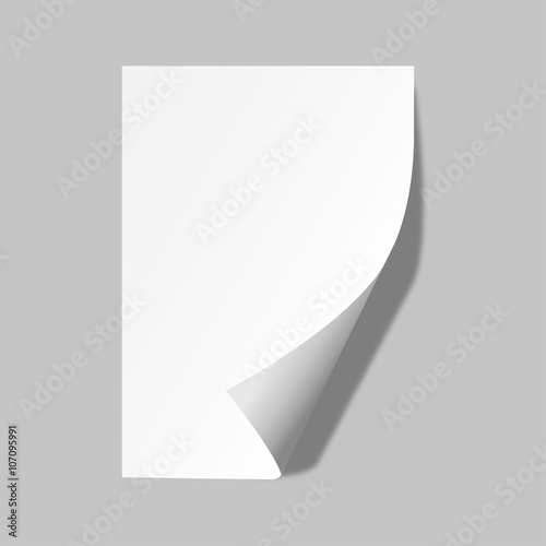 Page curl with shadow on blank sheet of paper. White paper sticker. Element for advertising and promotional message isolated on transparent background. Vector illustration for your design