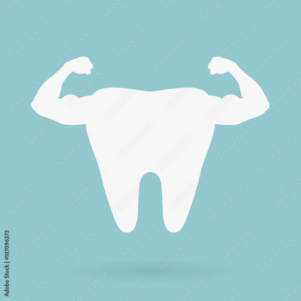 Strong healthy tooth. White clean tooth with big muscles. Logo for dentist clinic.