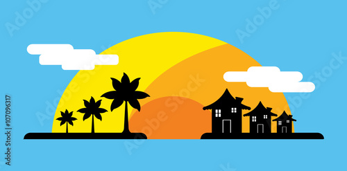 Sea Beach Holiday Vacation Symbol Ocean Island Palm Clouds Icon on Stylish Background Modern Flat Design Illustration
