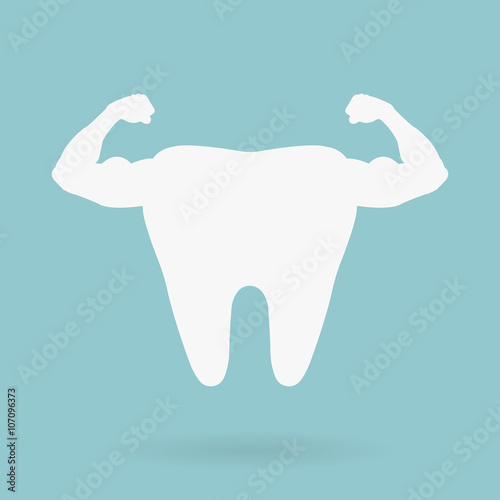 Strong healthy tooth. White clean tooth with big muscles. Logo for dentist clinic.
