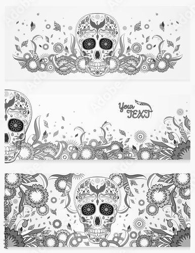 Monochrome banners of Dia de Muertos sugar skull with ornate on an abstract floral spring background. Day of The Dead
