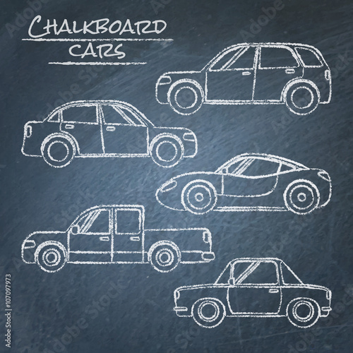 Set of car sketches on chalkboard