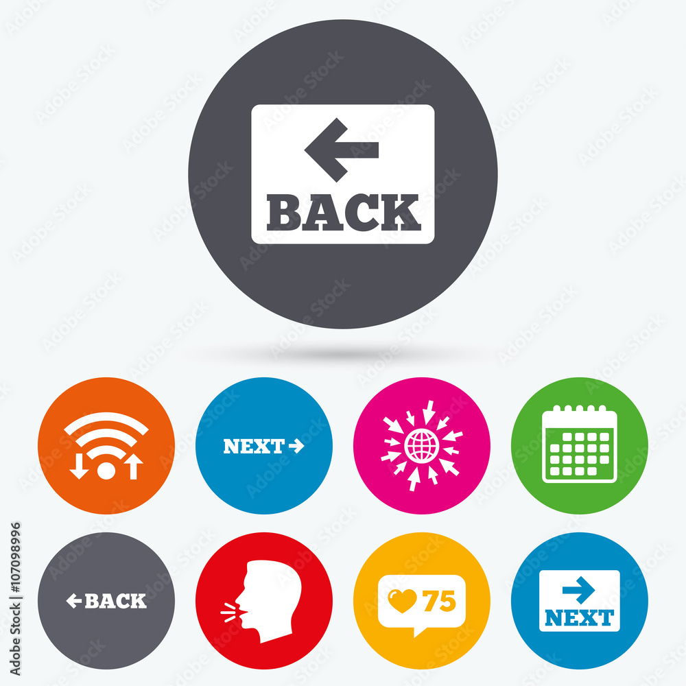 Back and next navigation signs. Arrow icons. Back and next navigation signs. Arrow icons.