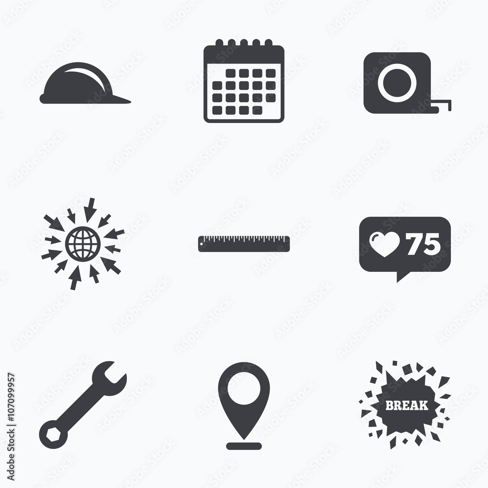 Construction helmet and ruler, roulette icons. Construction helmet and ruler, roulette icons.