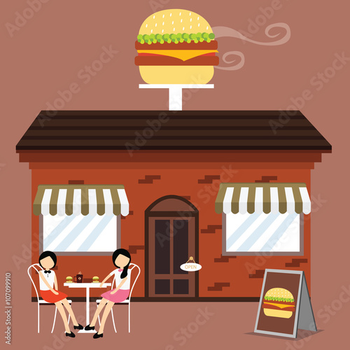customer in front of burger shop fast food restaurant enjoy meals coffee with friends