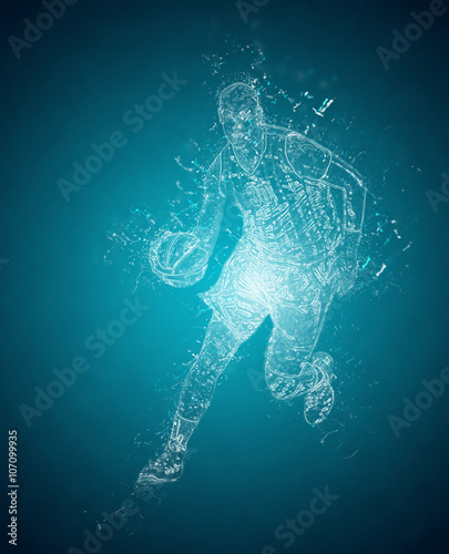 Abstract basketball player controls a ball. Crystal ice effect