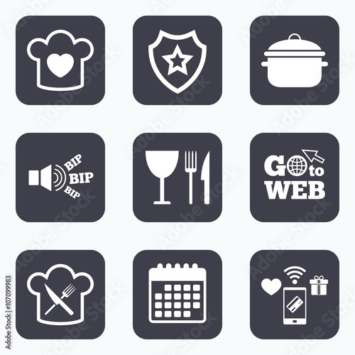 Chief hat, cooking pan icons. Fork and knife.