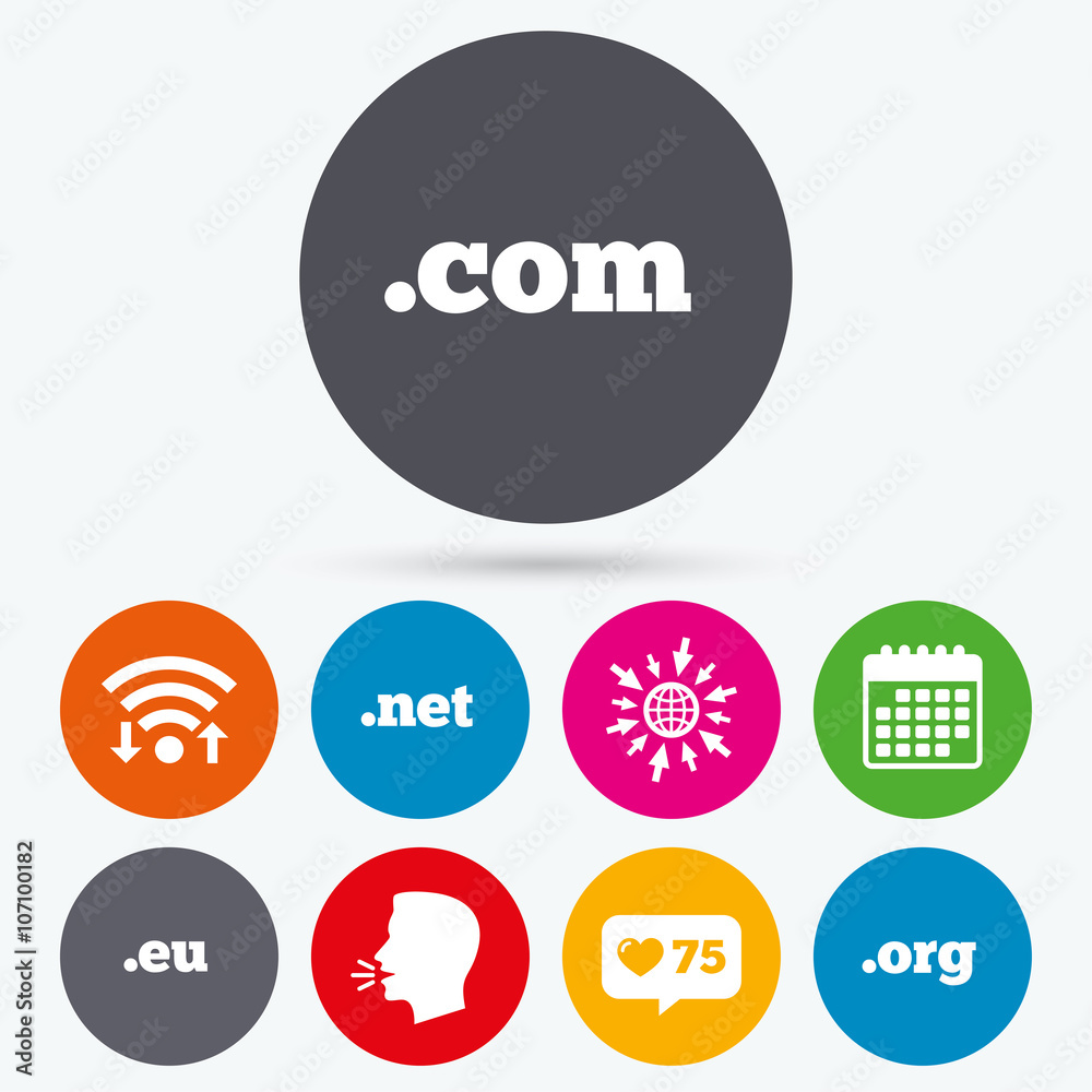 Top-level domains signs. Com, Eu, Net and Org. Top-level domains signs. Com, Eu, Net and Org.
