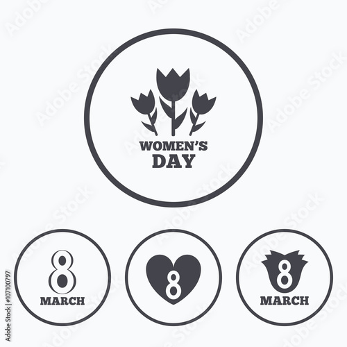 8 March Women's Day icons. Flower, heart symbols