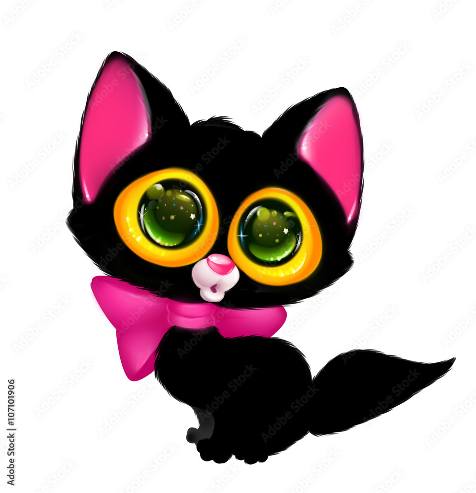 Black cat big eyes cartoon illustration isolated image animal character 