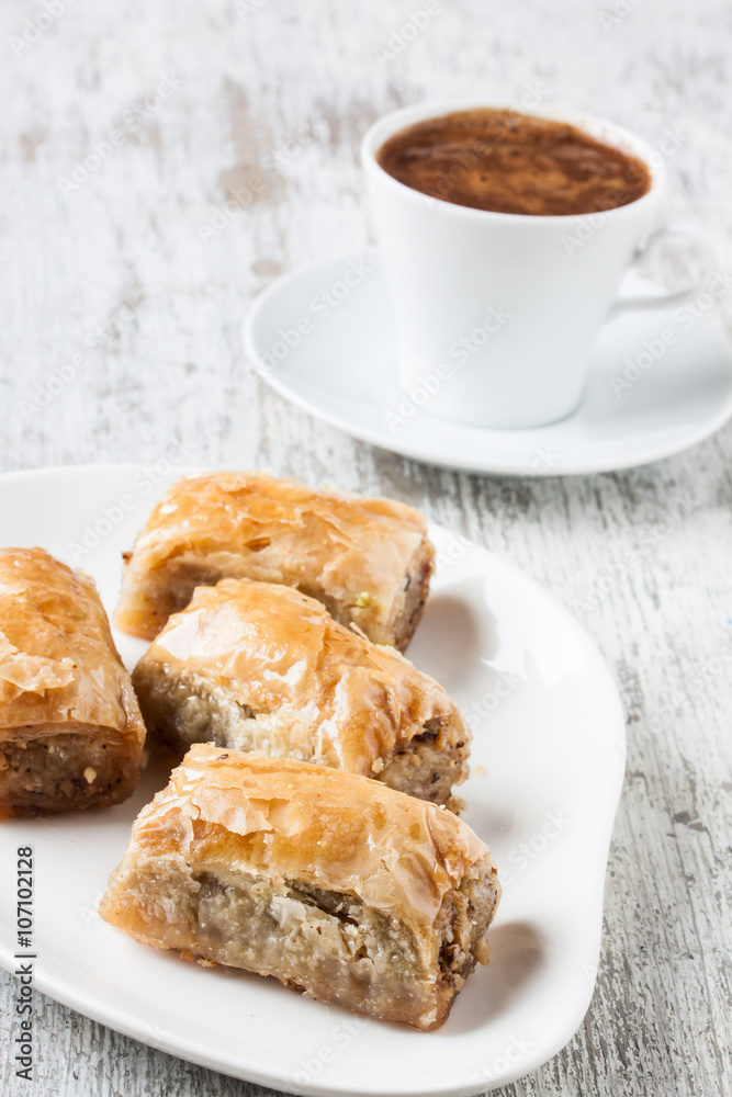 Baklava with walnut and Turkish coffee Baklava with walnut and Turkish coffee