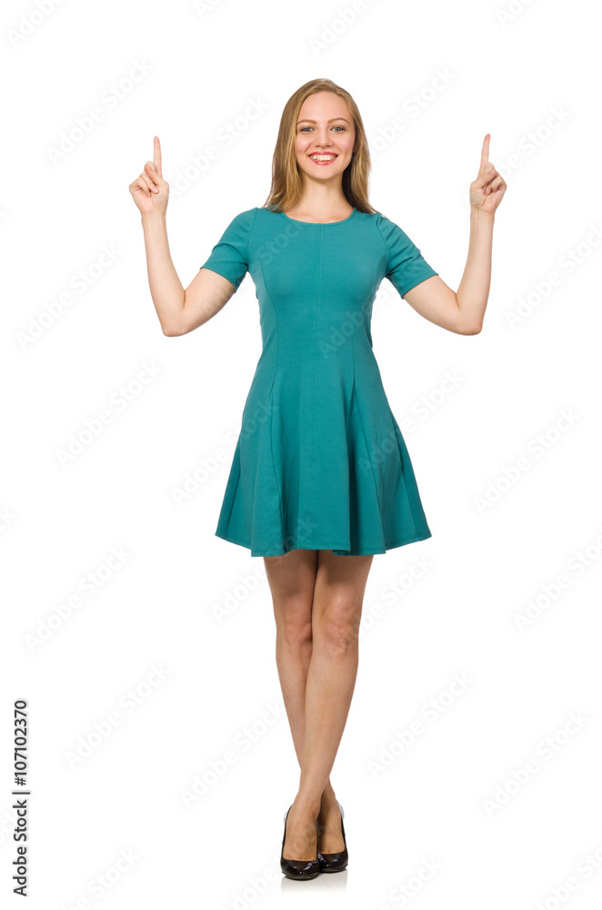 Charming caucasian woman wearing green dress isolated on white Charming caucasian woman wearing green dress isolated on white