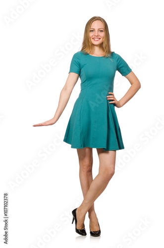 Charming caucasian woman wearing green dress isolated on white © Elnur