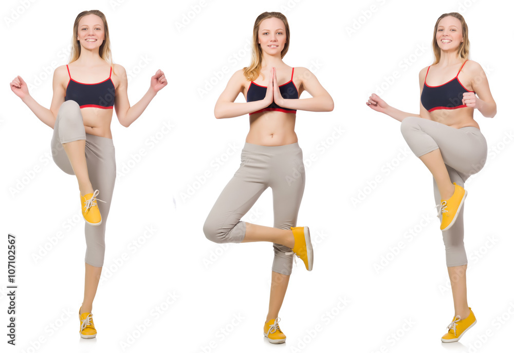 Young female doing exercises on white Young female doing exercises on white