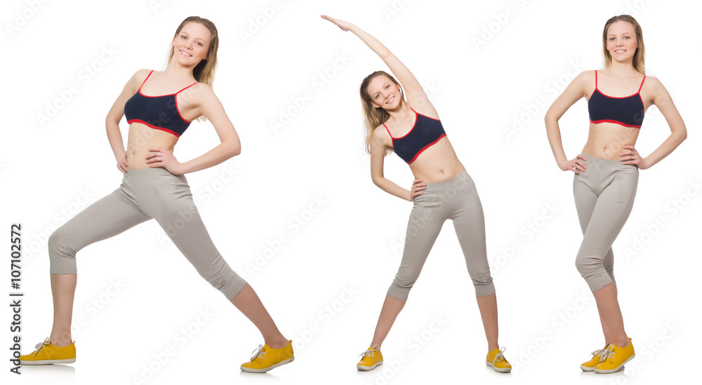 Fototapeta premium Young female doing exercises on white