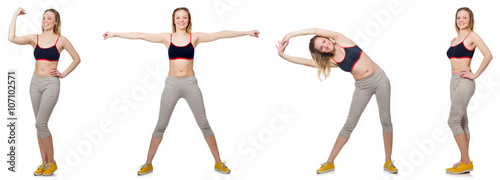 Young female doing exercises on white