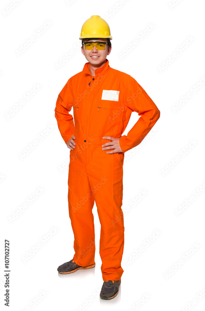 Man in orange coveralls isolated on white Man in orange coveralls isolated on white