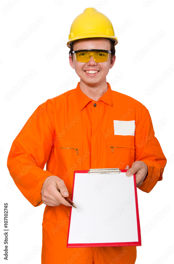 Man in orange coveralls isolated on white Man in orange coveralls isolated on white