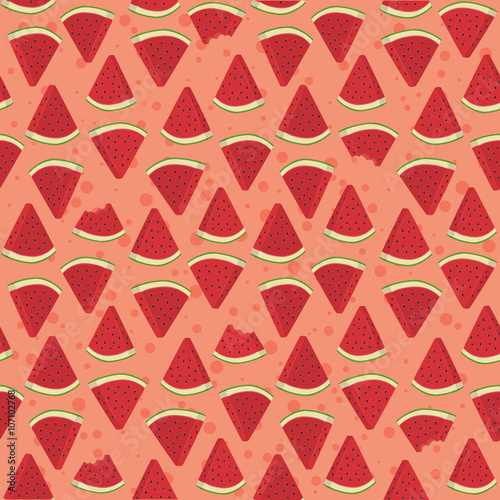 Seamless pattern vector illustration of watermelon fruit triangle slice bite in pink background.