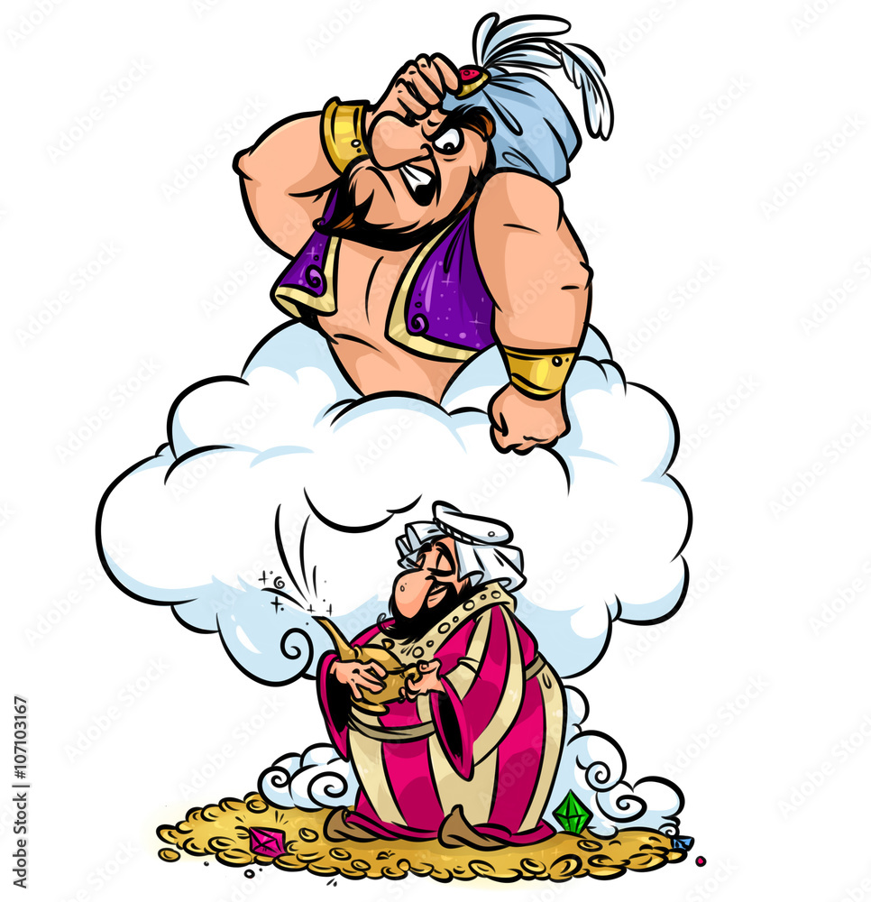 Greedy Aladdin wish lamp magic angry Jin Oriental fairy tale characters  cartoon illustration Stock Illustration | Adobe Stock