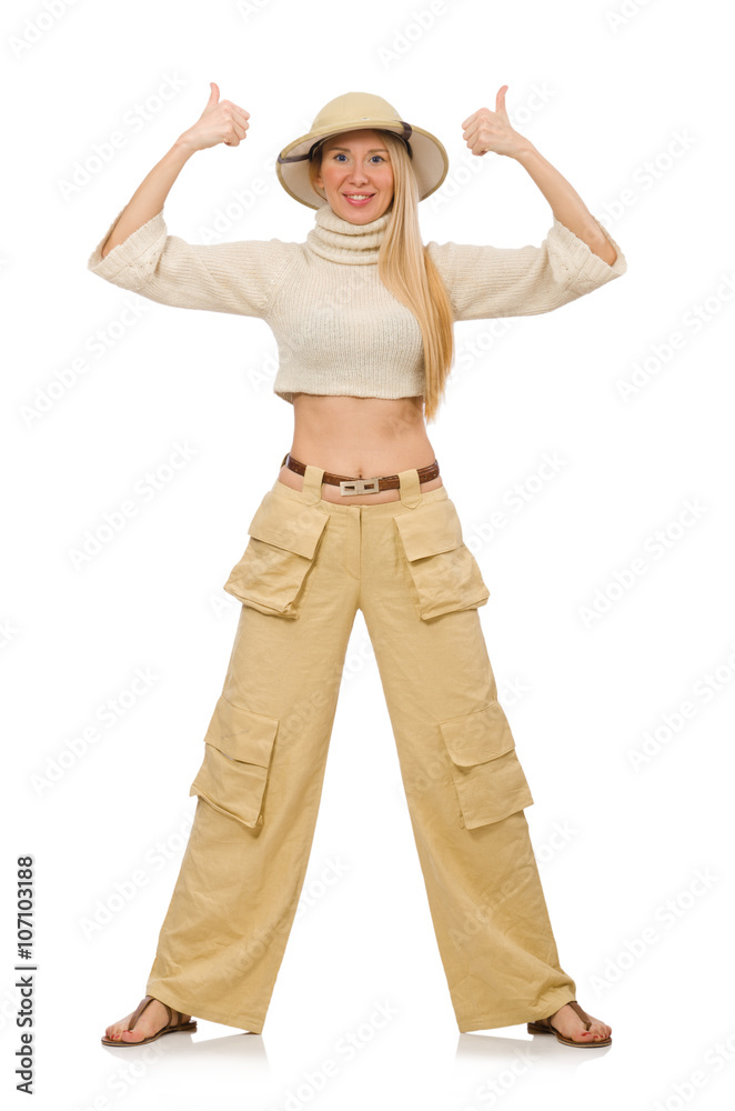 Pretty woman in beige trousers isolated on white Pretty woman in beige trousers isolated on white
