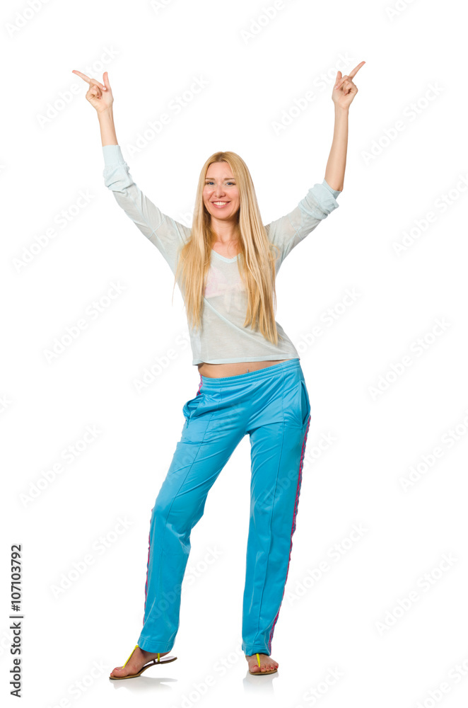 Young woman wearing blue training pants isolated on white Young woman wearing blue training pants isolated on white