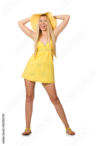 Caucasian fair model in yellow summer dress isolated on white