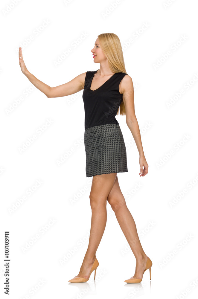 Blond hair model wearing gray skirt isolated on white