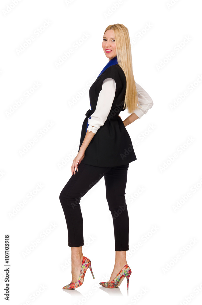 Fototapeta premium Woman in black fashionable vest isolated on white