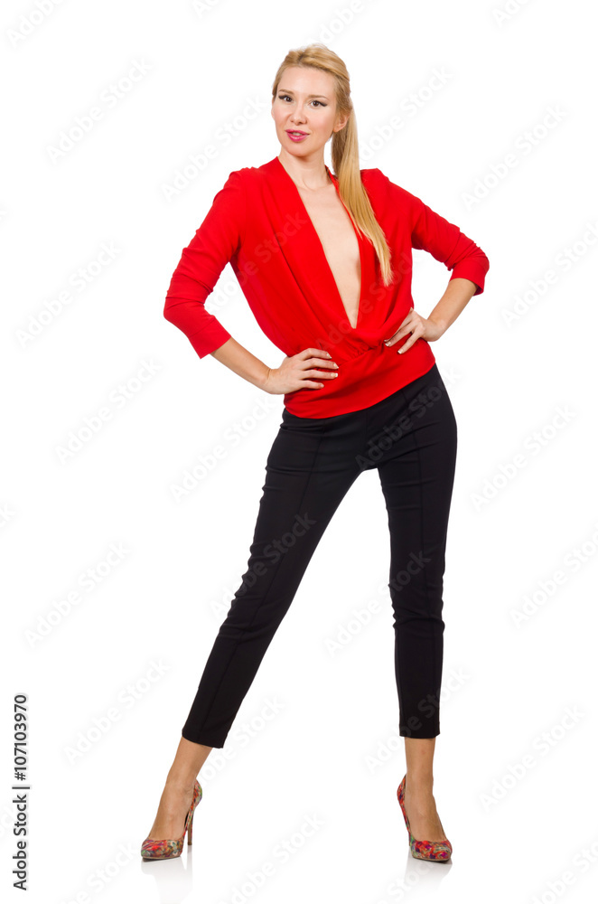 Blond caucasian woman in red blouse isolated on white Blond caucasian woman in red blouse isolated on white