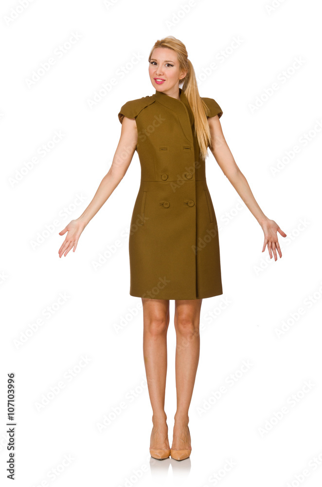 Tall caucasian model in green dress isolated on white Tall caucasian model in green dress isolated on white