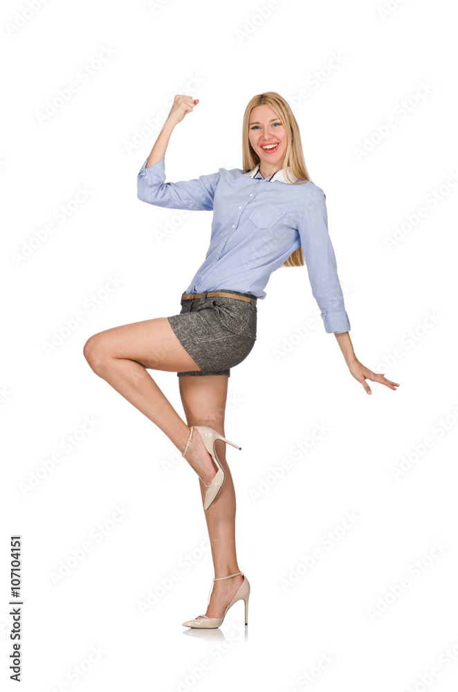 Blondie girl in gray tweed shorts isolated on white Blondie girl in gray tweed shorts isolated on white
