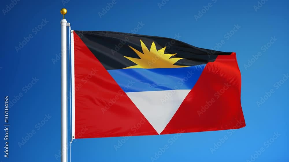 Antigua and Barbuda flag waving in slow motion against blue sky, seamlessly looped, close up, isolated on alpha channel with black and white luminance matte, perfect for film, news, composition Antigua and Barbuda flag waving in slow motion against blue sky, seamlessly looped, close up, isolated on alpha channel with black and white luminance matte, perfect for film, news, composition