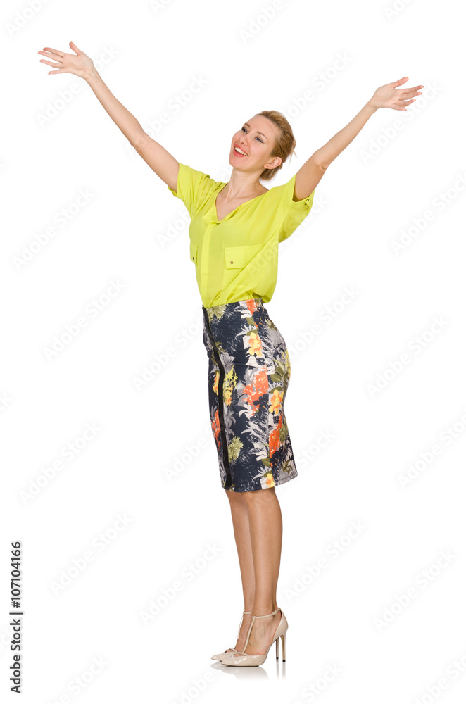 Tall model in yellow blouse isolated on white Tall model in yellow blouse isolated on white