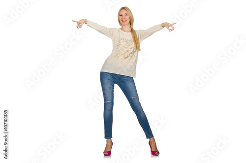 Blond hair woman posing in blue jeans isolated on white