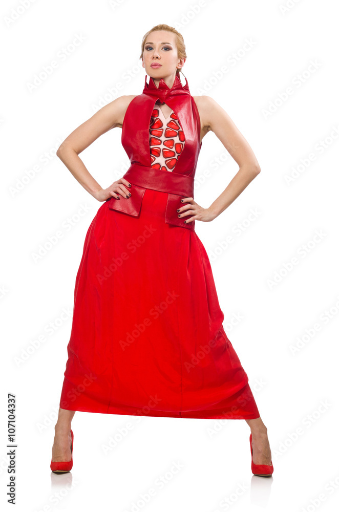 Blond hair model in dress with pomegranate isolated on white Blond hair model in dress with pomegranate isolated on white