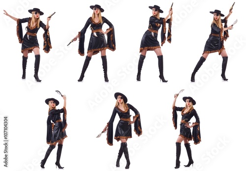 Woman pirate in various poses on white