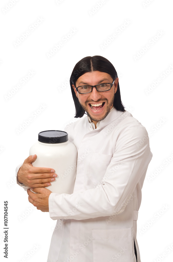 Funny doctor with protein jars isolated on white Funny doctor with protein jars isolated on white