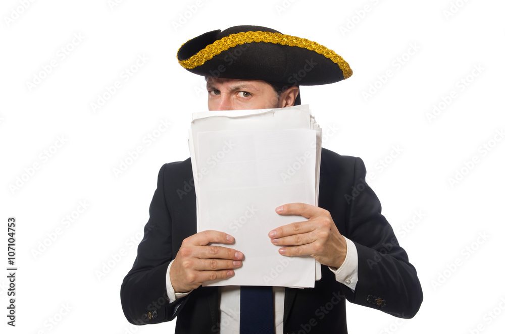 Pirate businessman holding papers isolated on white Pirate businessman holding papers isolated on white