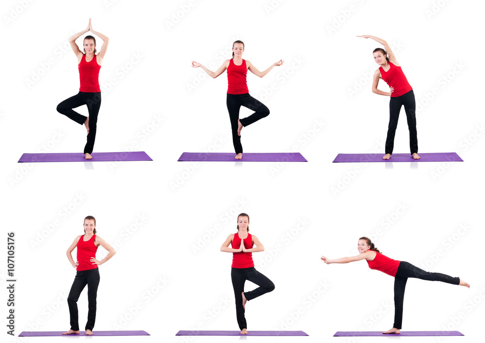 Young female doing exercises on white