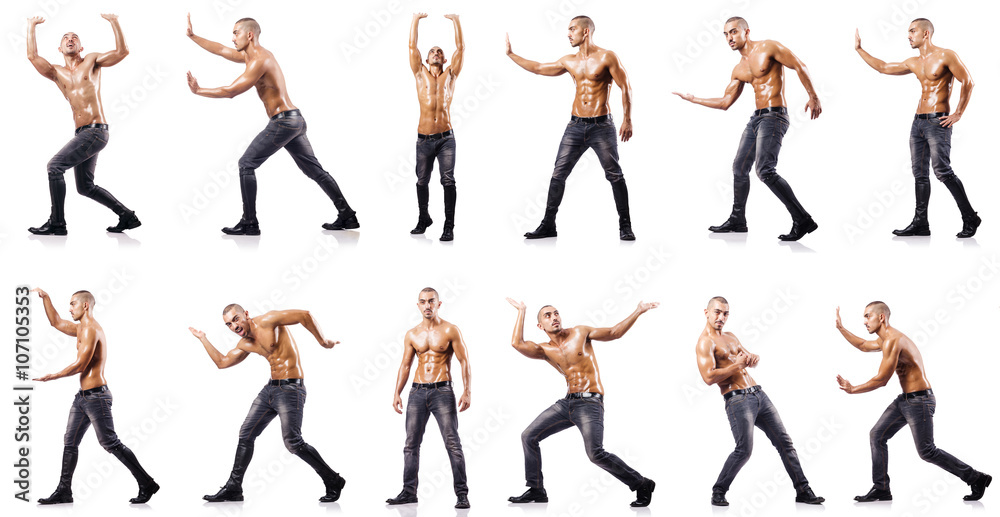 Ripped man pushing away virtual obstacle Ripped man pushing away virtual obstacle