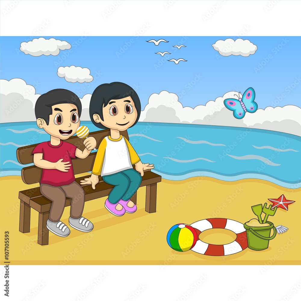 Children playing on the beach cartoon