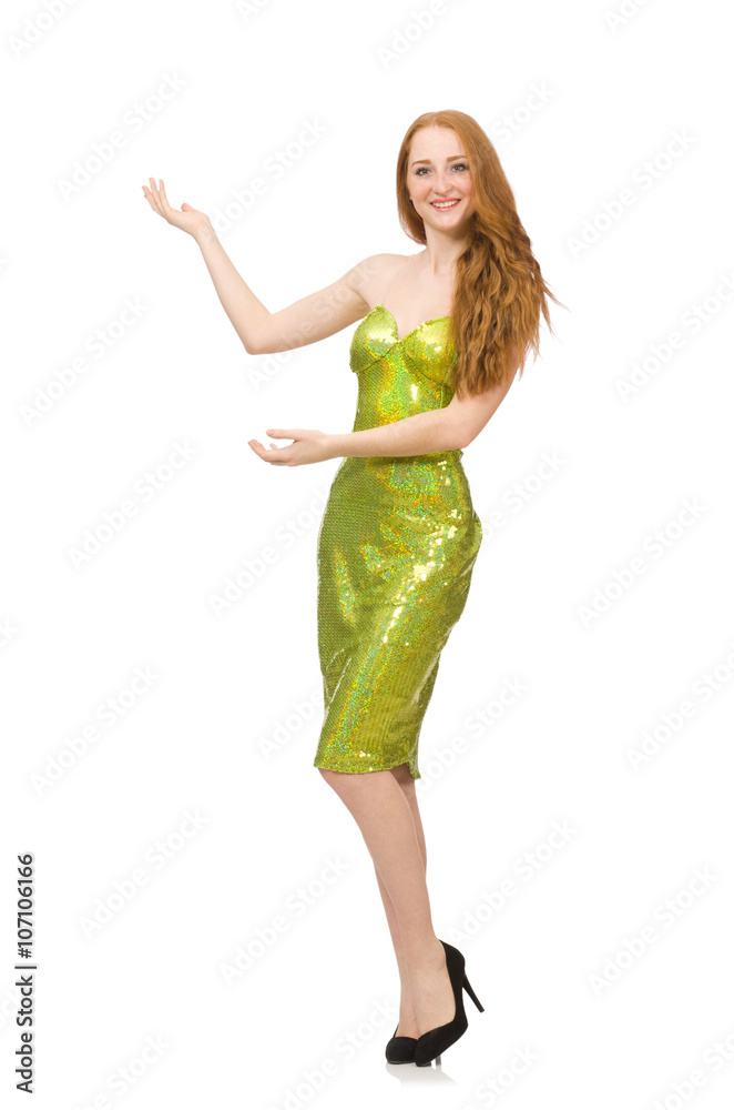 Red hair girl in sparkling green dress isolated on white Red hair girl in sparkling green dress isolated on white
