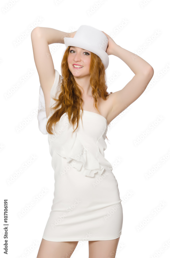Young woman in hat and elegant dress isolated on white Young woman in hat and elegant dress isolated on white