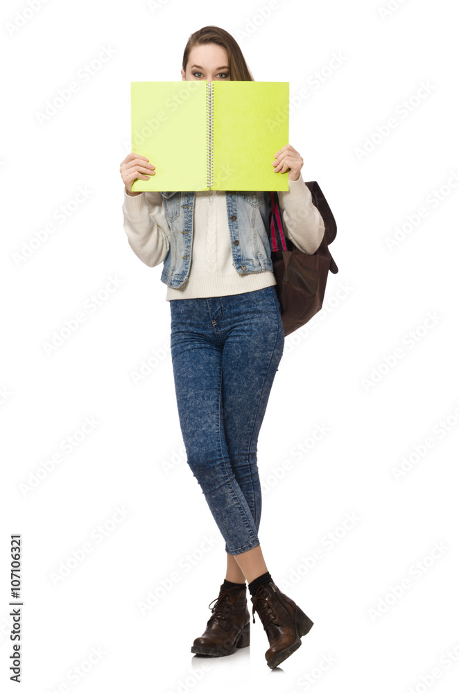 Pretty student holding textbooks isolated on white Pretty student holding textbooks isolated on white